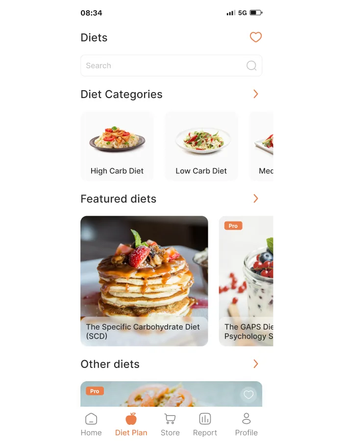 Diet plans screen with categories and featured diets