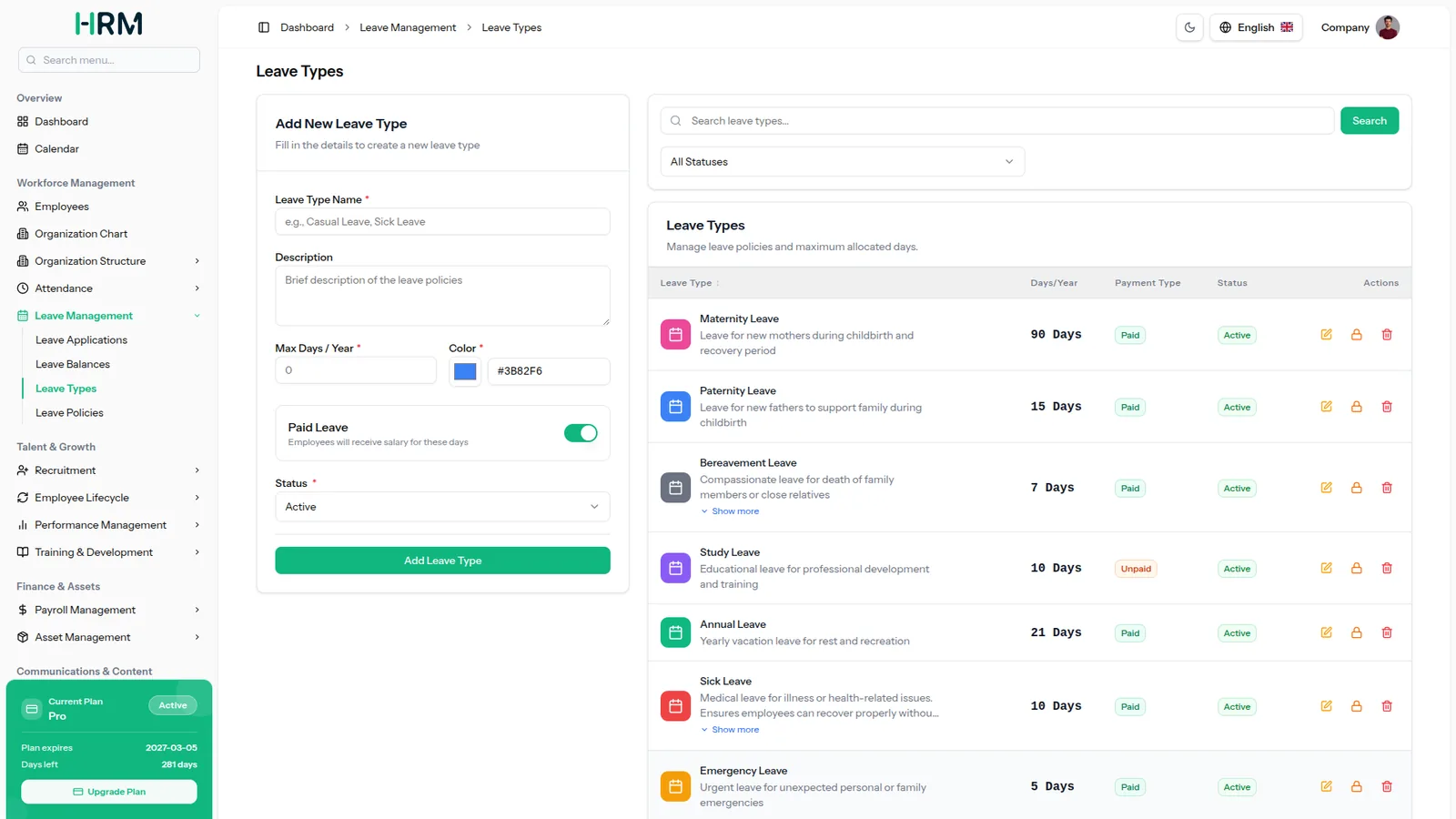 Leave type configuration screen